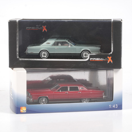 MODELLBILAR, 2 st, metall/resin. Bl.a. Lincoln Continental, olika tillverkare, skala 1:43.