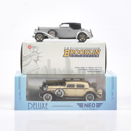 MODELLBILAR, 2 st, metall/resin. Bl.a. Stutz DV-12 Victoria Convertible, olika tillverkare, skala 1:43.
