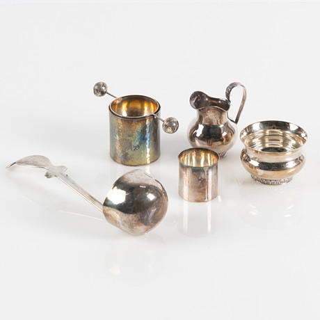 GRÄDDSNIPA, BÄGARE, SLEV, mm, 5 delar, sterlingsilver, olika stämplar, bl a ASN.