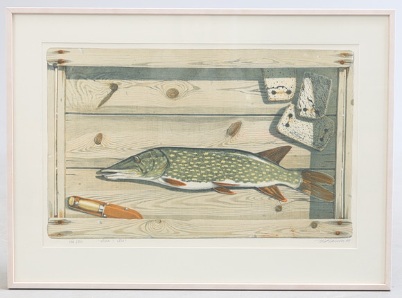 TORD LARSSON. Litografi, "Gädda i låda", 124/210, signerad samt daterad -89. på auktion hos Gomér & Andersson Nyköping