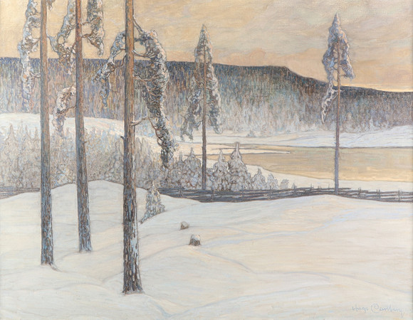 HUGO CARLBERG. Oljemålning på duk. Vinterlandskap. Signerad.