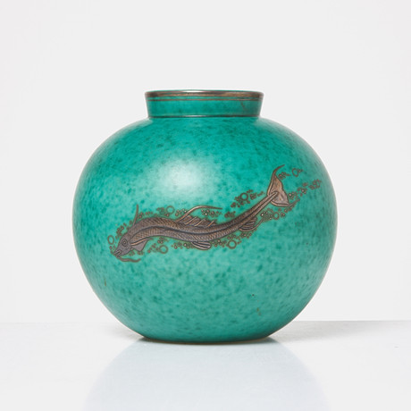 WILHELM KÅGE. klotvas, stengods, silverinlägg, "Argenta", Gustavsberg.