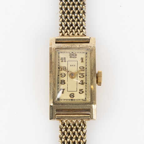 B.C.P (Burkhardt & Cie), Tyskland/Schweiz, armbandsur, 14x21 (26) mm, 14K guld, ca 1935. på auktion hos Stockholms Auktionsverk Helsingborg