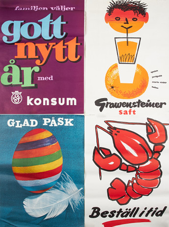 AFFISCHER, 4 st, Konsum, 1950-60 tal, bl a J Olséns Lito stockholm. på auktion hos Stockholms Auktionsverk Sickla