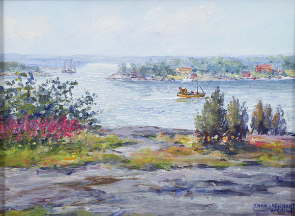 EGON LENNART KARLSSON. "Skärgårdsvy". Olja på pannå, signerad. på auktion hos Växjö Auktionskammare