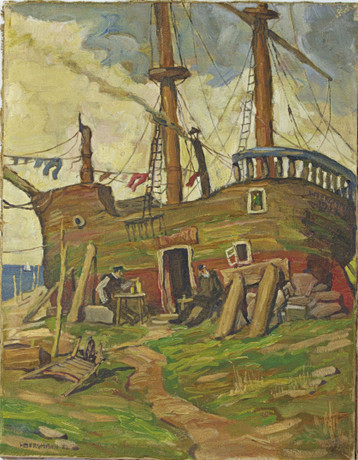 WALTER BERGMANN (1904-1965). Olja på duk utan ram, skepp på land, signerad W Bergmann 1923. på auktion hos Höganäs Auktionsverk