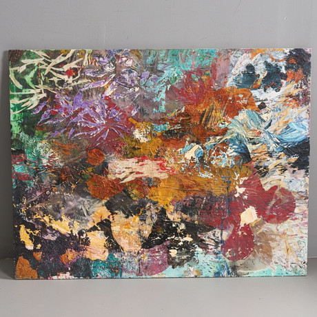 JAMES BATES. OLJA & SCRAFFITO PÅ GESSO, "Spring Landscape" signerad & märkt 2014. på auktion hos Örebro Stadsauktioner