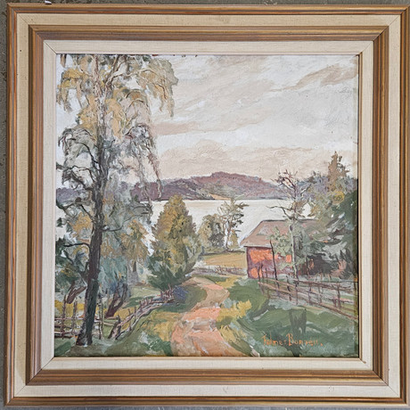 FOLMER BONNÉN. Landskap med hus och sjö. Olja på pannå, signerad Folmer Bonnén. på auktion hos Auktionshuset Thörner & Ek