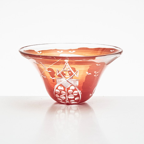 SKÅL, glas, cirkusmotiv, signerad Design Herman Gatterer Boda- blåst: Wilke Adolfsson Orrefors-87. på auktion hos Stockholms Auktionsverk Magasin 5