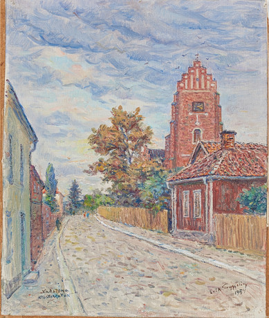 ERIK TRYGGELIN. ''Vadstena, klostergatan'', olja på duk fäst på pannå, signerad och daterad 1954. på auktion hos Stockholms Auktionsverk Magasin 5