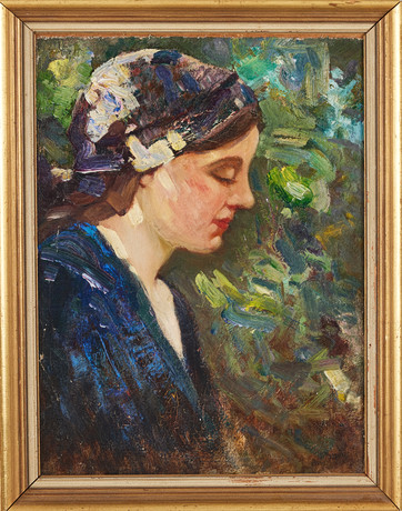 ERIK TRYGGELIN. Porträtt, olja på duk fäst på pannå, signerad och daterad 1912. på auktion hos Stockholms Auktionsverk Magasin 5