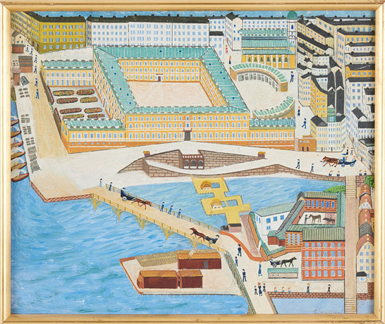 E JOHANSSON (1900-tal): ''Stockholm'', olja på duk, signerad. på auktion hos Stockholms Auktionsverk Magasin 5