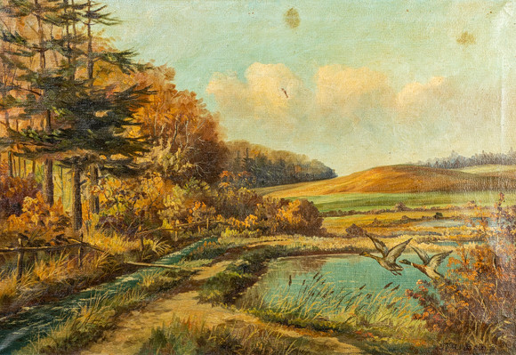 HURBERG (DANSK SKOLA, 1900-TAL), SJÖLANDSKAP MED FLYGANDE ÄNDER, OLJA PÅ DUK.