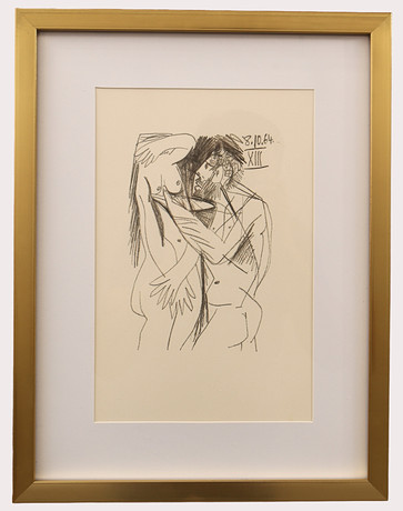 PABLO PICASSO. Efter, litografi , erotiskt motiv märkt 8.10.64 XIII, ur "LE GOUT DU BONHEUR" , Schünemann år 1 på auktion hos Limhamns Auktionsbyrå