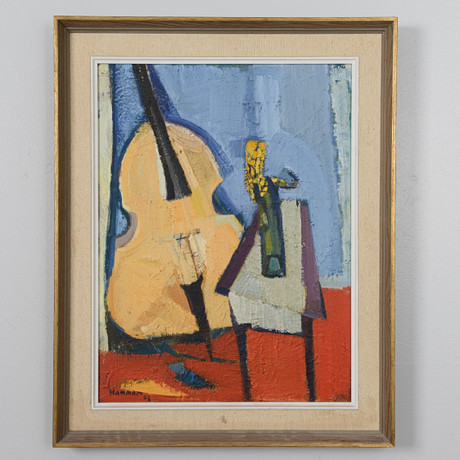 INGEMAR HAMMAR. Komposition med cello, olja på pannå, signerad, daterad -61. på auktion hos Formstad Auktioner