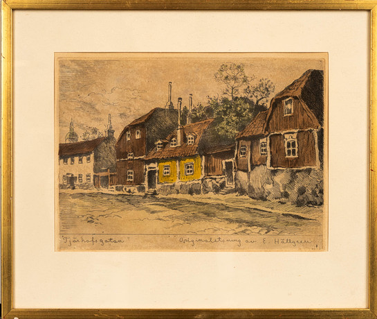 ERNST HÄLLGREN. Färgetsning, "Tjärhofsgatan", Signerad. på auktion hos Norrlands Auktionsverk