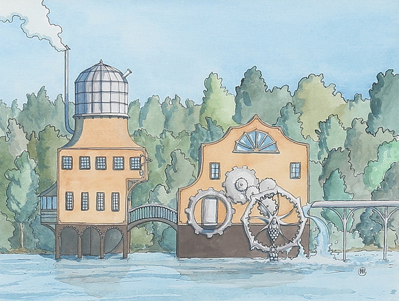 OIDENTIFIERAD KONSTNÄR. Vattenkraftverk. Akvarell, monogramsignerad SSS. på auktion hos Auktionshuset Thelin & Johansson