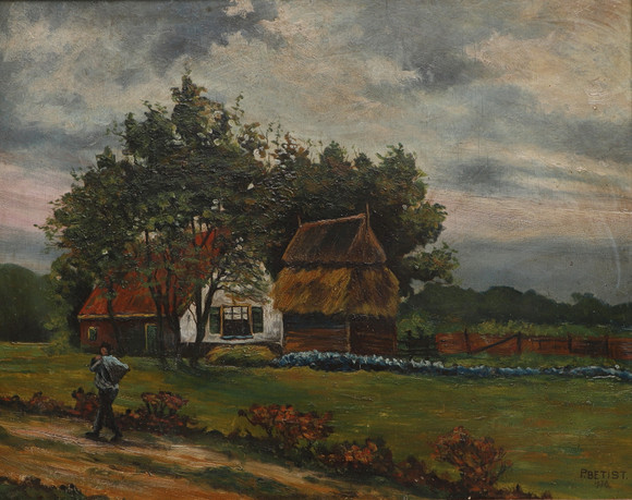 PLEUN BETIST. Olja på pannå, landskap med gård, signerad och daterad 1924. på auktion hos Ekenbergs Auktioner