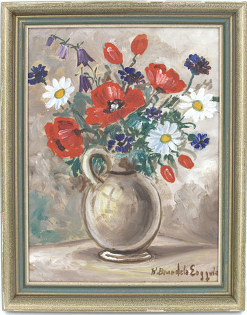 CARIN BRANDEL ENGQVIST. Olja på duk, blomsterstilleben med vallmo, blåklint och prästkrage, signerad. på auktion hos Höganäs Auktionsverk