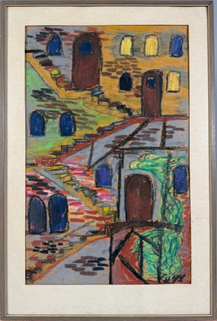OIDENTIFIERAD KONSTNÄR (1900-tal). Komposition med trappor, pastell, monogramsignerad och daterad 44. på auktion hos Skandia Auktion