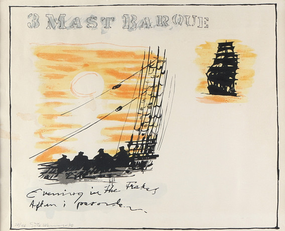 GÖSTA WERNER. Litografi, 28/46. "3 Mast Barque". Signerad. på auktion hos Skånes Auktionsverk