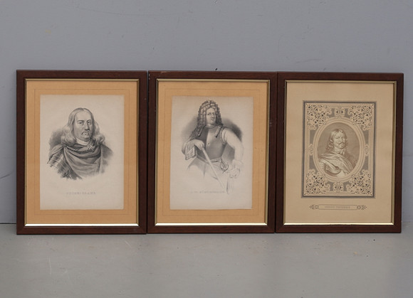 GRAVYRER, 3 st, Fältmarskalk Lennart Torstensson, riksråd Petrus Brahe samt fältmarskalken Otto Wilhelm von Kö på auktion hos Auktionshuset Thelin & Johansson