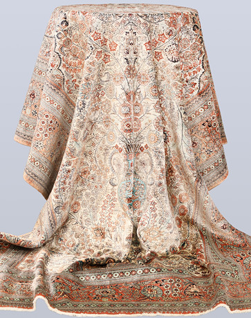 MATTA. Äldre Orientalisk Silke ca 1.000.000 knutar / kvm, silkesvarp, 255 x 153 cm. på auktion hos Södermanlands Auktionsverk