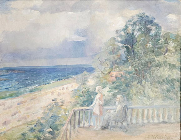 DAVID WALLIN. Utsikt över Vättern vid Alvasta. Olja på pannå, signerad D. Wallin, daterad a tergo 1935. på auktion hos Auktionshuset Thörner & Ek