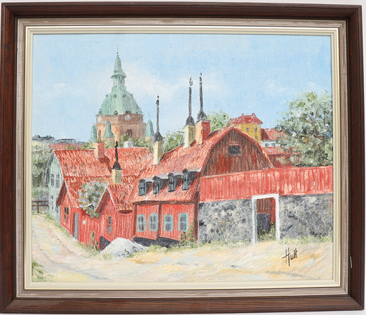 RITA HULT. Stadsbild, oljemålning på duk, signerad. på auktion hos Falun Auktionsbyrå