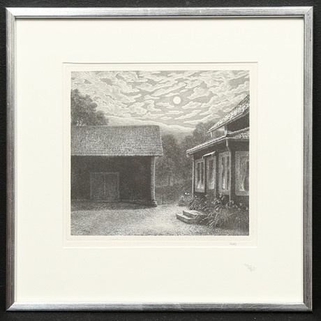 FOLKE GULLBY. "Sommarnatt på vår gård". Etsning 1975, signerad. på auktion hos Gomér & Andersson Linköping