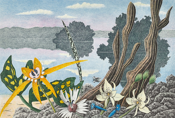 KARL AXEL PEHRSON (1921-2005). Exotiska växter med insjö, 1995, signerad, numrerad 157/385, färglitografi. på auktion hos Crafoord Auktioner Stockholm