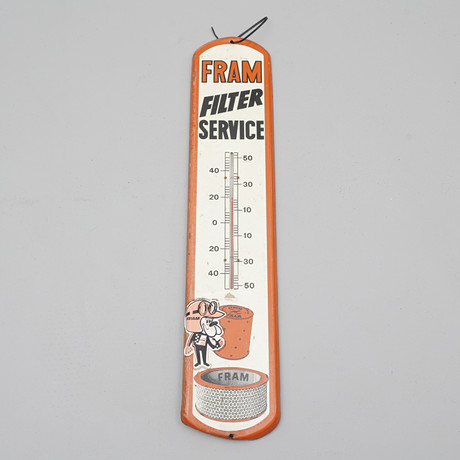 EMALJSKYLT med TERMOMETER. Fram, Filtersservice, USA, 1900-talets mitt. på auktion hos Södermanlands Auktionsverk