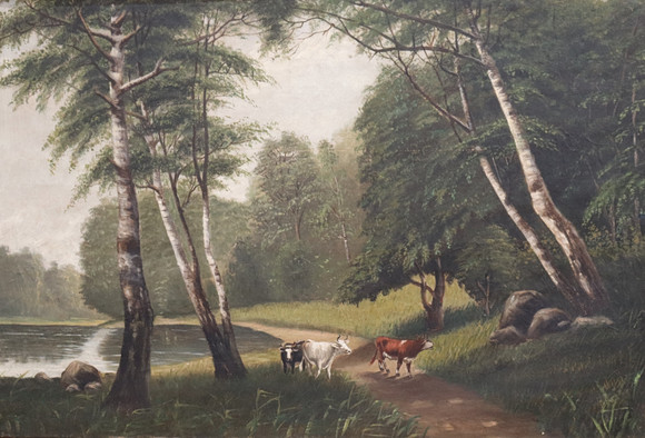 OIDENTIFIERAD KONSTNÄR. olja på duk, skogslandskap med kor, 1800-tal. på auktion hos Markus Auktioner