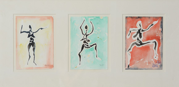 BIRGITTA GLENMARK. Figurativ triptyk, blandteknik på papper, monogramsignerad. på auktion hos Formstad Auktioner