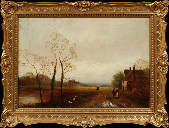 JAMES WALTER GOZZARD. Landskap med hus och figurer, olja på duk, signerad. på auktion hos Göteborgs Auktionsverk