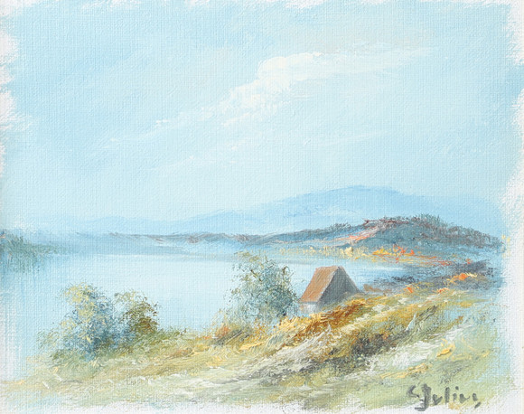 CARL JULIUS. Landskap med hus, olja på duk, signerad C. Julius. på auktion hos Helsingborgs Auktionskammare