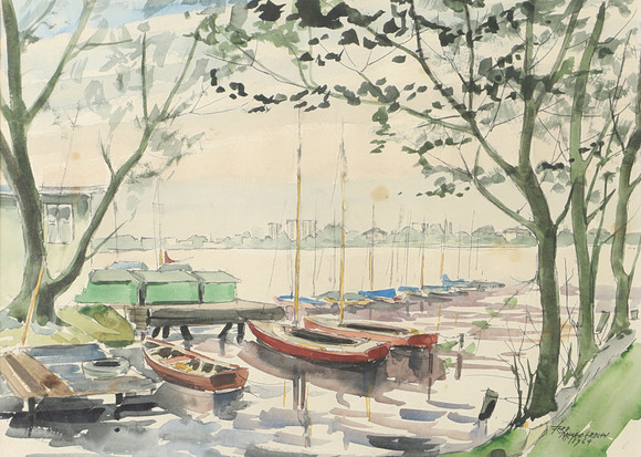 OIDENTIFIERAD KONSTNÄR. Småbåtshamn, akvarell, signerad 1964. på auktion hos Helsingborgs Auktionskammare