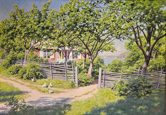 JOHAN KROUTHÉN. Landskap med höns, hus och sjö. Olja på duk, signerad Johan Krouthén och daterad 1918. på auktion hos Auktionshuset Thörner & Ek