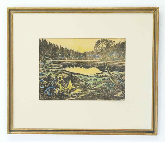 EMIL CLAHR. träsnitt, skogstjärn, numrerad 14/90 och signerad med blyerts, signerad E.C 14.90 i trycket. på auktion hos Hälsinglands Auktionsverk