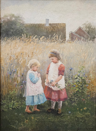 SEVERIN NILSON. Barn i blomsteräng. Olja på duk, signerad Severin Nilson. på auktion hos Auktionshuset Thörner & Ek