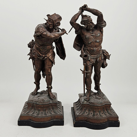 PIERRE LOUIS DETRIER. EFTER. Skulpturer, 2 st, krigare, patinerad zink, omkring år 1900. på auktion hos Auktionshuset Thörner & Ek