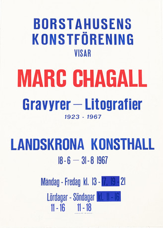 UTSTÄLLNINGSAFFISCH. Marc Chagall, "Gravyrer - Litografier, 1923-1967", Landskrona Konsthall. på auktion hos Karljohan Auktioner