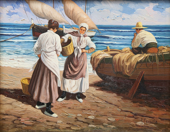油彩画 漁船と漁師 A. De La Cruz ANGEL DE LA CRUZ. OIL CANVAS. FISHERMEN ON THE BEACH. Art
