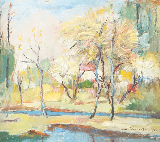CARL ANDERSON. "Vårlandskap", olja på duk, signerad 1942. på auktion hos Helsingborgs Auktionskammare