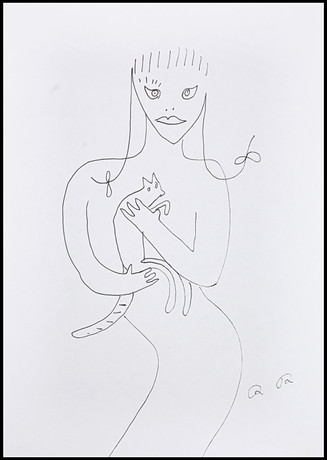 ROGER RISBERG (Sverige, Göteborg, 1956-2011). Flicka med en katt, monogramsignerad RR, tuschteckning. på auktion hos Crafoord Auktioner Stockholm
