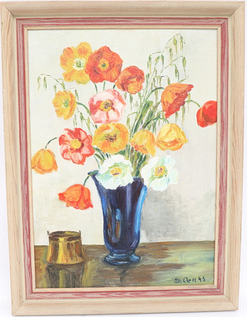 OIDENTIFIERAD KONSTNÄR. Stilleben med blomster, oljemålning på pannå, signerad. på auktion hos Falun Auktionsbyrå
