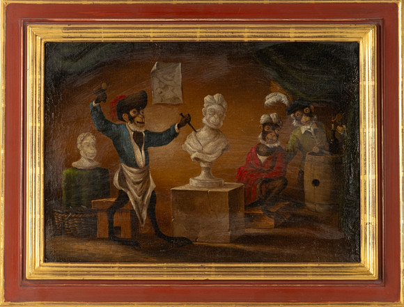 ABRAHAM TENIERS. HANS ART. Interiör med apor / Singeri, olja på duk, 1800-tal. på auktion hos Stockholms Auktionsverk Helsingborg