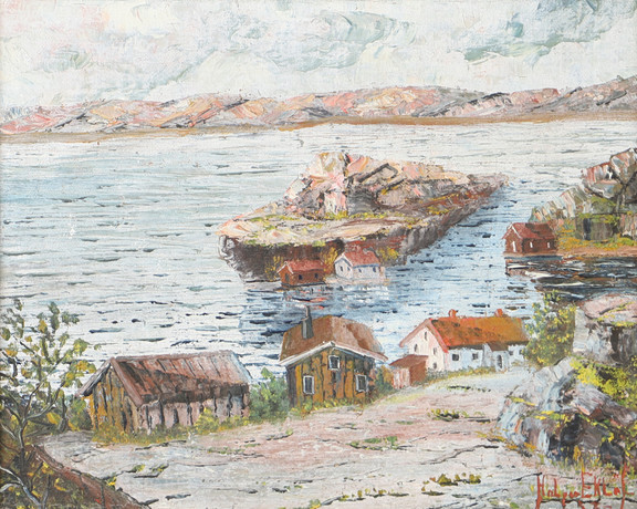 HOLGER EKLÖF. Kustparti med hus, olja på duk, signerad. på auktion hos Helsingborgs Auktionskammare