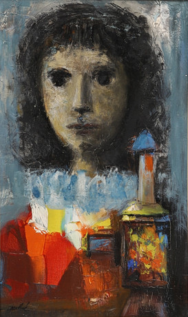 LOUIS MOLNÉ (1907-70). STILLEBEN MED KVINNA OCH FLASKOR, signerad. på auktion hos Crafoord Auktioner Malmö