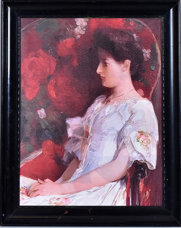 CHILDE HASSAM. EFTER. gicléetryck på duk, "The victorian chair". på auktion hos Halmstads Auktionskammare